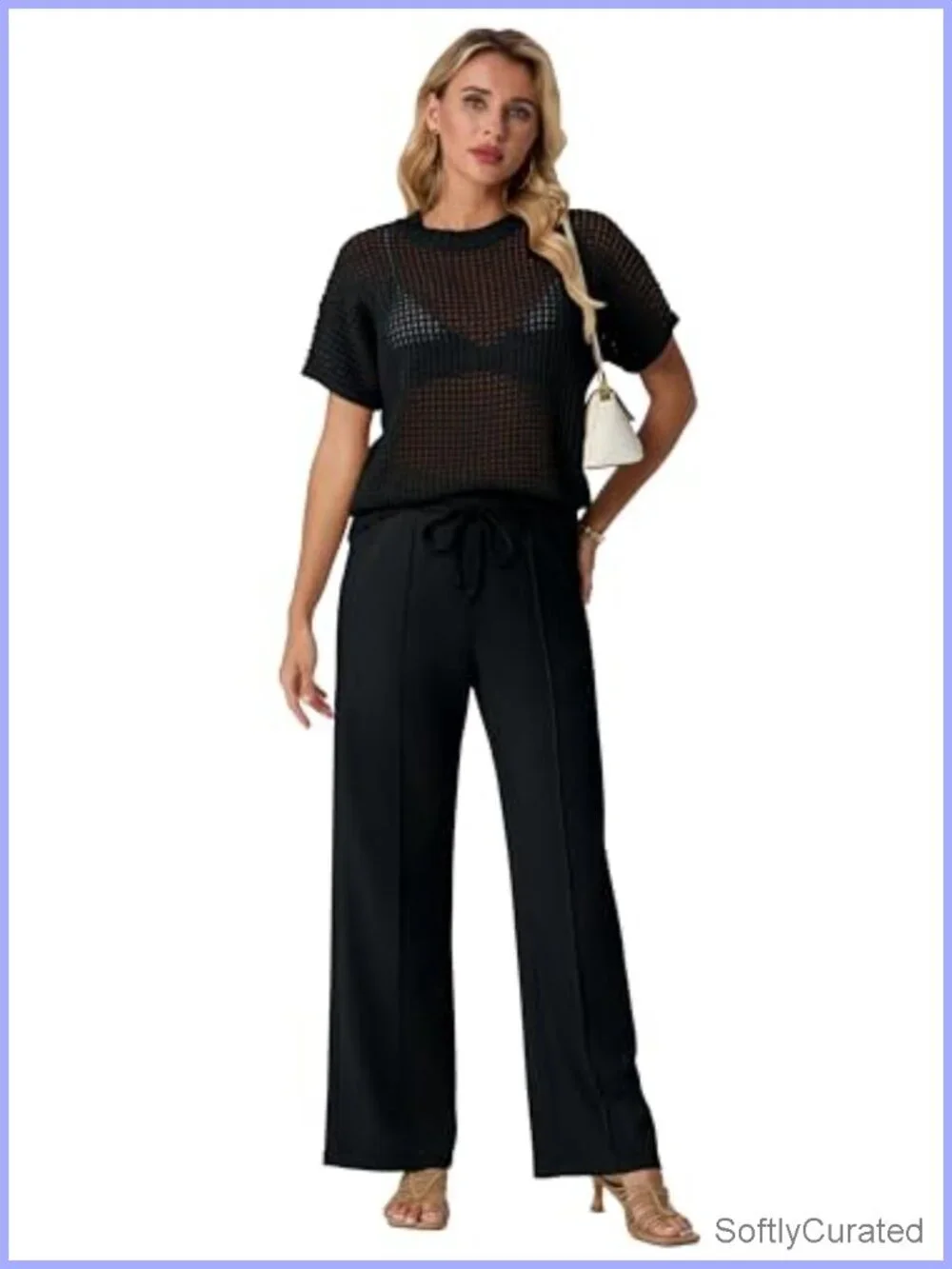 Crochet Sheer Knit Sweater Top & Wide Leg Pants Lounge Travel 2 Piece Set